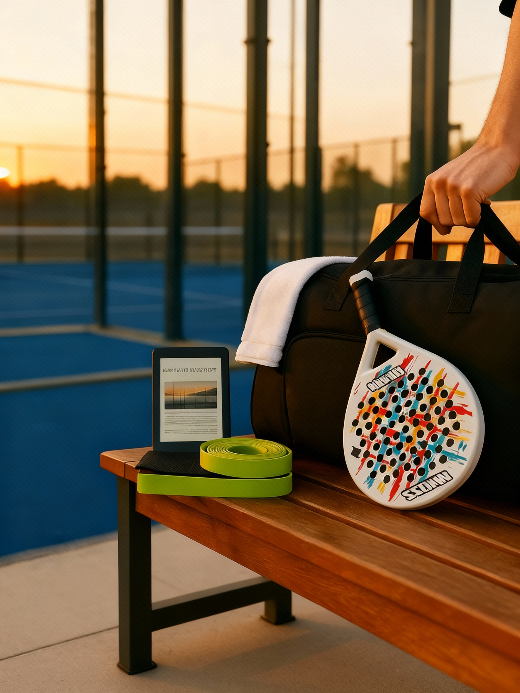 Sac de padel avec raquette et élastique sur banc, court en fond